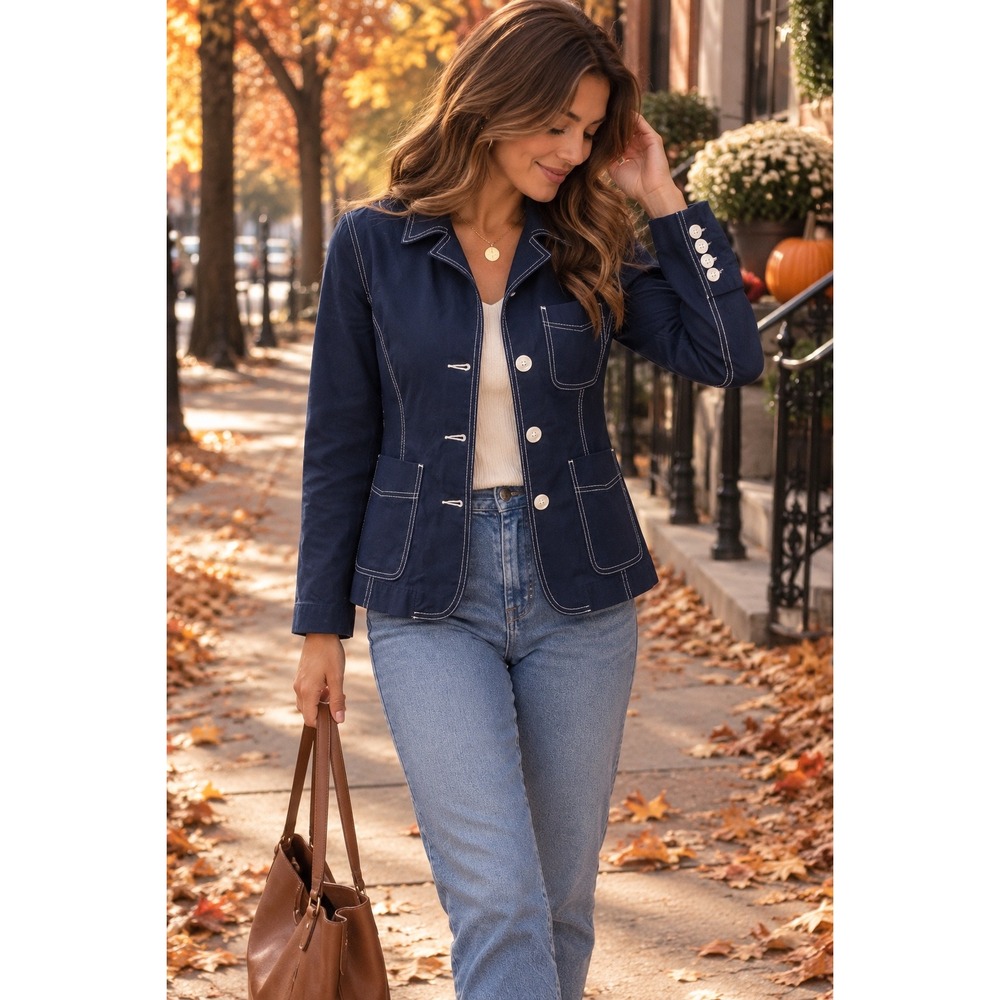 Isaac Mizrahi for Target Small Navy Blue 100% Cotton Jacket White Stitch